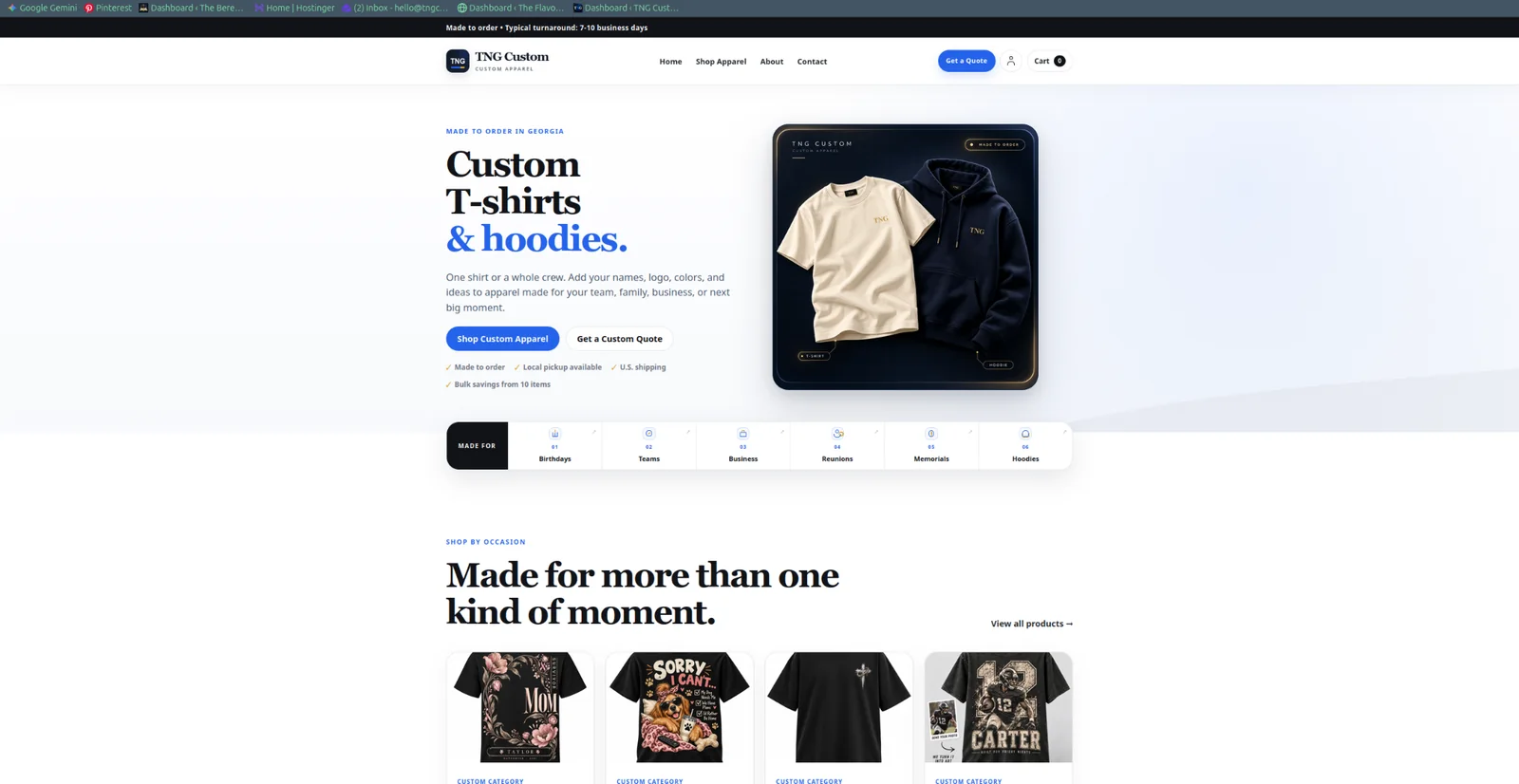 TNG Custom ecommerce website homepage designed and developed by Anchor Craft Web